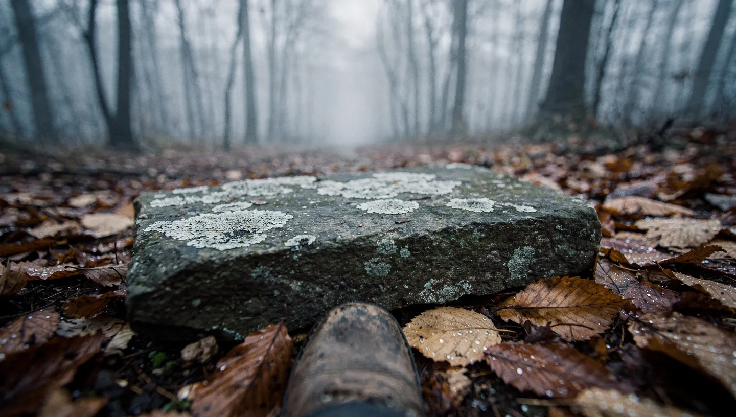 A single worn stepping stone in autumn leaf litter