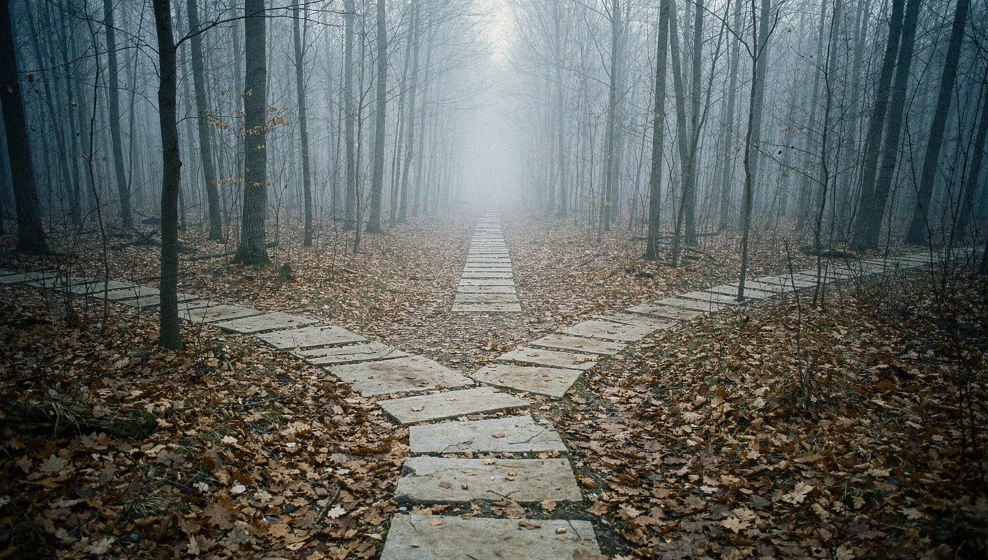 The stone path splitting into three around a stand of trees