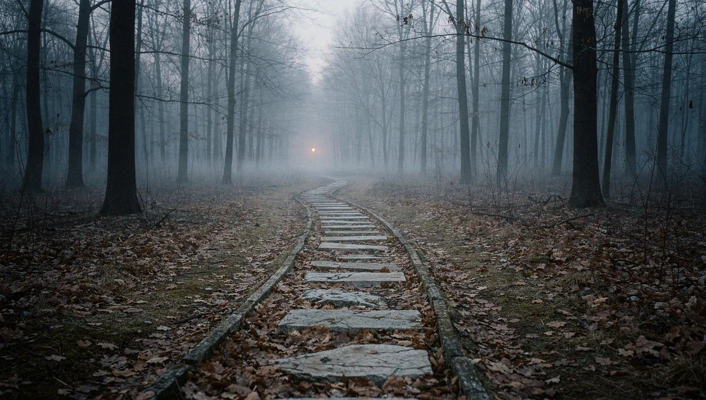 The paths curving back together toward a first faint warm light