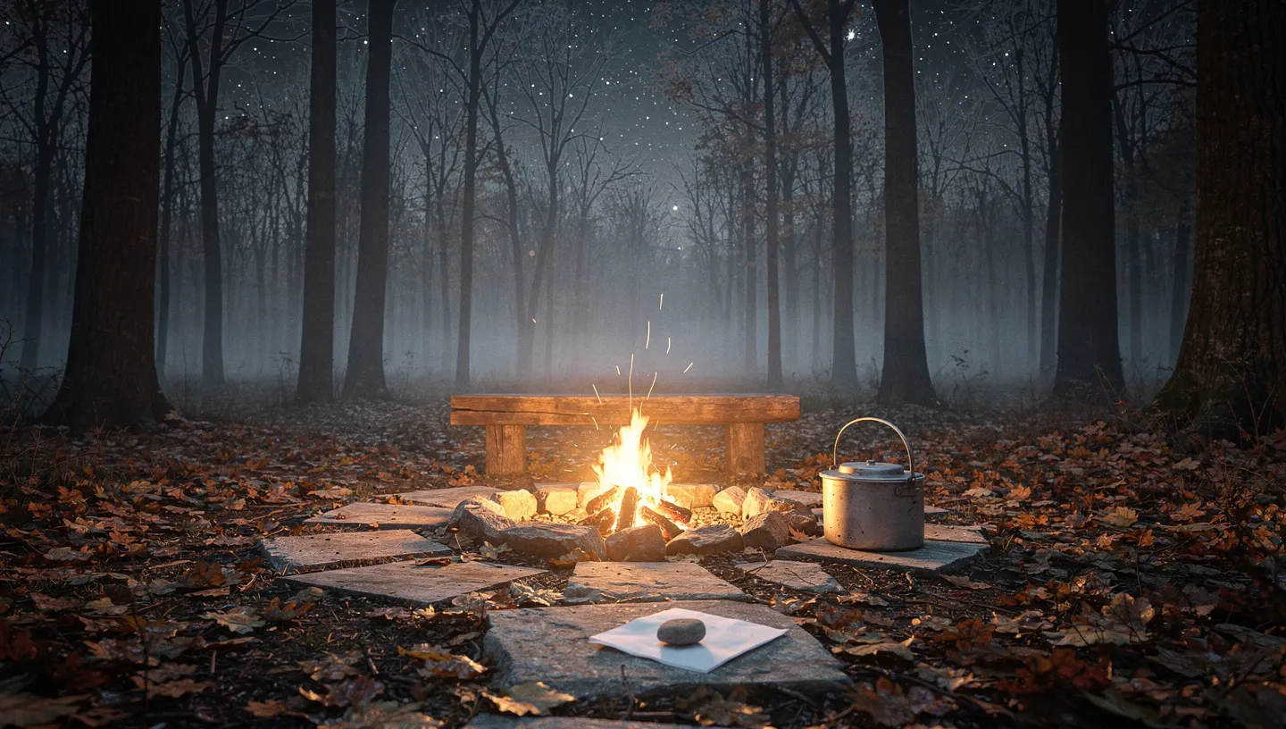 A settled campfire at night with an empty seat across it
